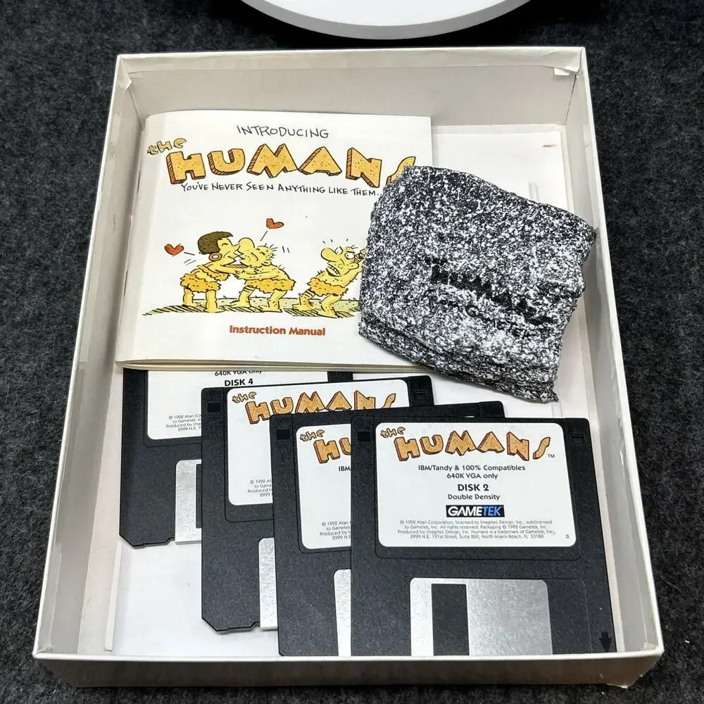 Vtg 1992 The Humans PC Big Box Game Atari Gametek 3.5 Floppy IBM Tandy Complete